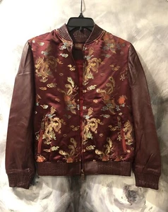 AUSTRALIA LUXE CO Wine Brocade Leather Varsity Jacket Mix Media Bomber Coat * M - Picture 1 of 12