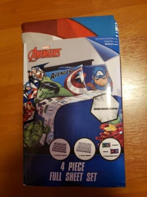 MARVEL AVENGERS~CONJUNTO DE LENÇÓIS TAMANHO COMPLETO-NOVO-1 PLANO-1 AJUSTADO-2 FRONHAS-MICROFIBRA - Imagem 1 de 2
