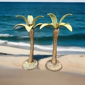 Brass Tree Candlestick Holders Palm Tree Vintage 12” Set of 2 - Picture 1 of 5