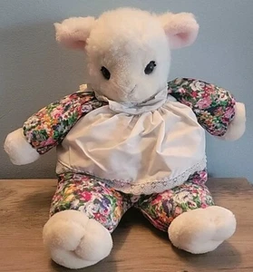 PLUSH CREATIONS 1991 WHITE RUFFLES LAMB PINK GREEN FLORAL OUTFIT WHITE APRON 12" - Picture 1 of 9