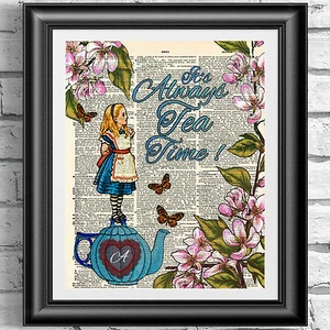 Alice in Wonderland dictionary book page artwork print tea time flowers poster. - Picture 1 of 3