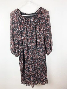 Ann Taylor Loft 3/4 Sleeve Black Floral Dress SZM Shift Pullover Knee Length A23 - Picture 1 of 5
