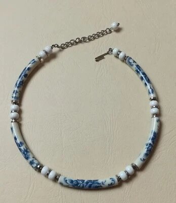 Vintage Halskette Porzellan Rosen blau-beige ca. 60er J. - Bild 1 von 2