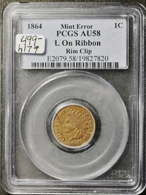 1864-L Indian Head Cent.  L on Ribbon.  Rim Clip.  In PCGS Holder.  AU 58.  h179 - Image 1 of 2