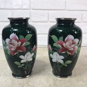 Vtg Mirrored Japanese Cloisonne Ginbari Enamel Green Foil Pink Roses Bud Vases - Picture 1 of 23