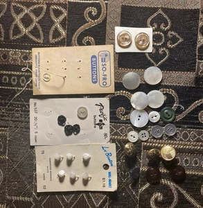 8 Vintage White Buttons , 9 white , 2 clear , 3 gold , 2 brown , 1 blue, 3 snaps - Picture 1 of 4