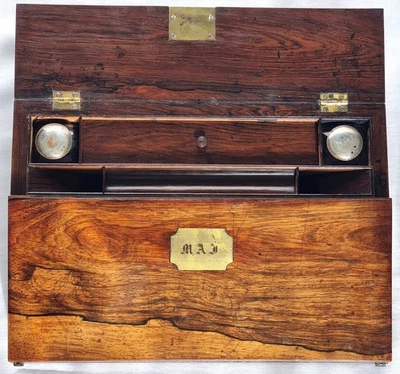 ANTIQUE ROSEWOOD WRITING SLOPE INCLUDING PAIR ORIGINAL INKWELLS - Image 1 of 4