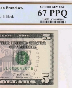 2009 $5 LOW 4 DIGIT SERIAL NUMBER FIVE OF KIND 00004307 PCGS 67 SUPER GEM UNC #1 - Picture 1 of 4