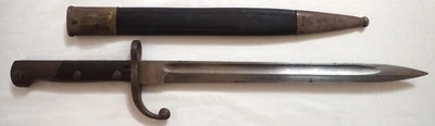 ANTIQUE BAYONET w/ WOOD HANDLE WITH LEATHER & BRASS SCABBARD - Image 1 of 4