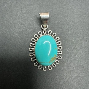 Sterling Silver 925 Pendant Turquoise? Stone Cabochon Sunburst Oval Mexico - Picture 1 of 9