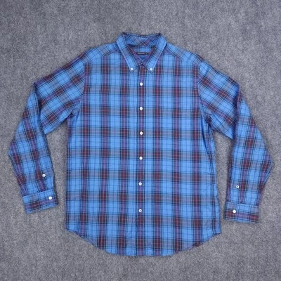 J McLaughlin Shirt Mens Medium Blue Red Plaid Linen Cotton Button Down Casual - Image 1 of 4