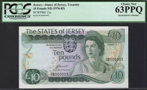 Jersey 10 Pounds 1976-83 QEII P-13a LOW Serial CB 000003 CH UNC PCGS 63 PPQ - Picture 1 of 2