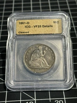 1861-O Seated Liberty Half Dollar 50c ICG VF25 Details Cleaned - Image 1 of 2