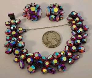 Regency Cranberry Red Blue AB Rhinestone Bracelet and Earrings VINTAGE - Picture 1 of 15