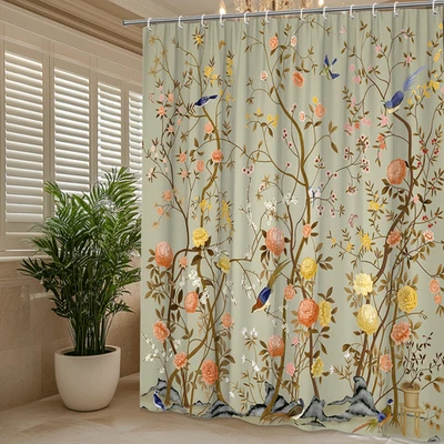 Chinoiserie Floral Bird Shower Curtain, Vintage Botanical Design, Elegant decor - Image 1 of 4