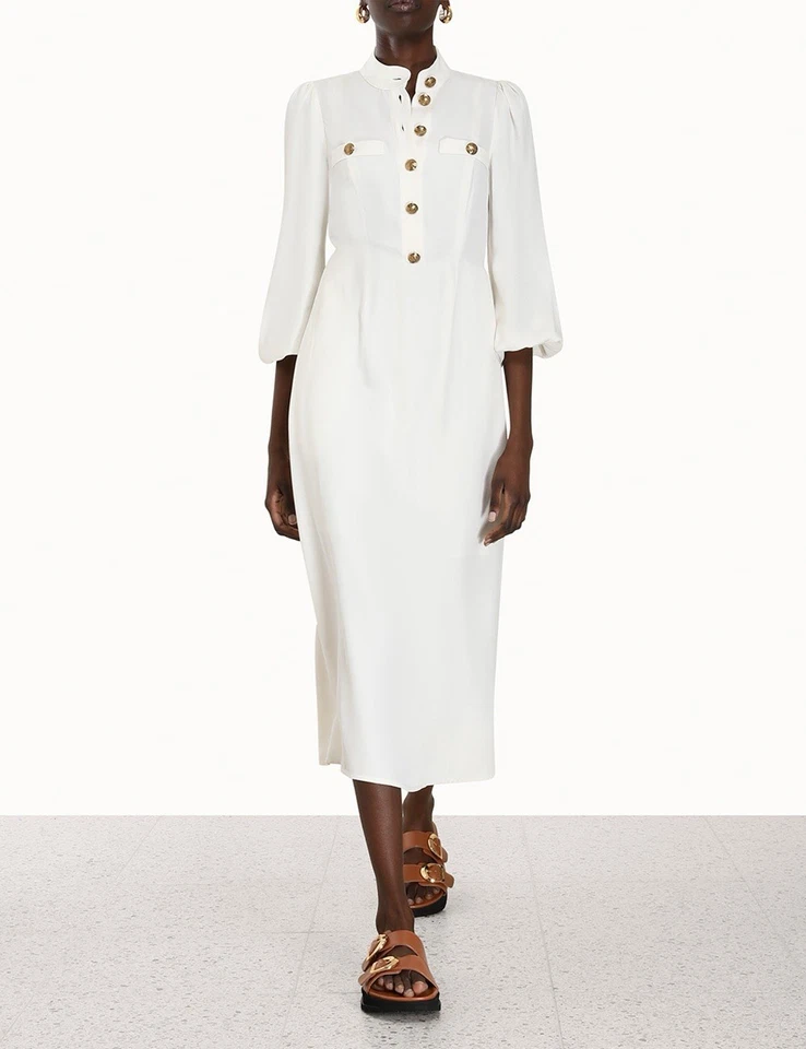 Vestido Zimmermann Utility Midi Talla 0 Blanco Viscosa Manga Larga Botones Dorados s Xs Foto 1 de 4