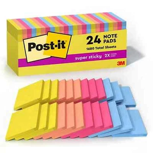24 pads / 70 sheets ea Post-it Super Sticky Notes 3" x 3" Summer Joy Collection - Picture 1 of 3
