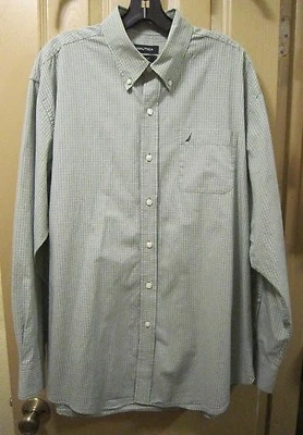 SZ 17 34/35 NAUTICA MENS CHECKED LONG SLEEVE DRESS SHIRT, GREEN BLUE WHITE, EUC - Image 1 of 4