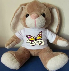 Personalised Rabbit Bunny Soft Toy with Butterfly white t-shirt Easter, Birthday - Picture 1 of 1