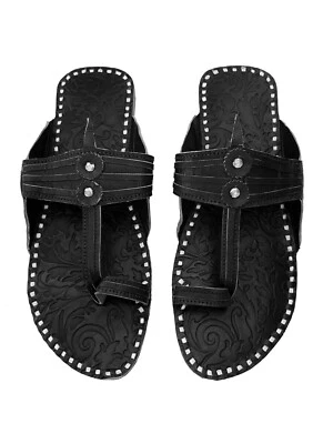 Mens Black Leather Indian Die Kolhapuri Vintage Ethnic Sandals Slippers Shoes - Image 1 of 4