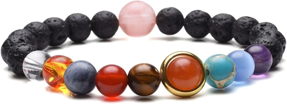 Solar System Bracelet Universe Galaxy the Nine Planets Natural Lava Rock Bead... — 第 1/1 张图片