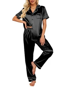 Ekouaer Silk Satin Pajamas Set Women Short Sleeve Sleepwear Soft Button Down ... - Picture 1 of 5