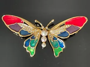 Enamel Butterfly Pin Brooch Faux Pearl Rhinestone Accents - Picture 1 of 5