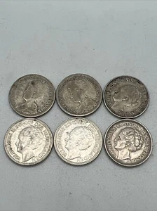6 Antique Netherlands 1917, 1918, 1928, 1941 & 1944 Silver 25 Cent Coins - Picture 1 of 17