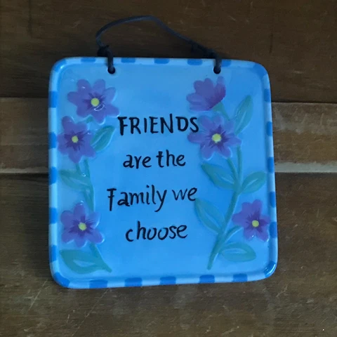 Paula Signed Light Blue w Purple Flowers Ceramic Wall Tile Plaque w FRIENDS Say Cover