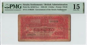 STRAITS SETTLEMENTS 1 Dollar 1925, P-9a, PMG 15 Choice Fine, Scarce, First Date - Picture 1 of 2