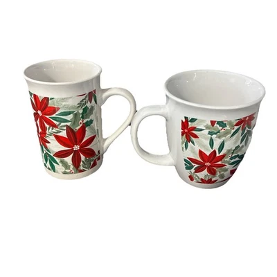 2) Diferentes tazas de café de vacaciones Royal Norfolk Christmas Poinsettia Holly Foto 1 de 4