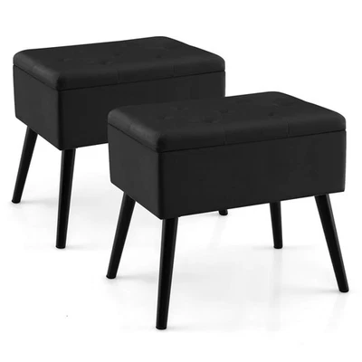 2PCS Velvet Vanity Stools w/ Storage Solid Wood Legs Flip-Up Top for Entryway - Image 1 of 4