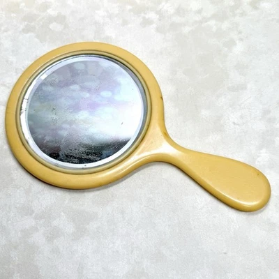 Vintage Hand Mirror Yellow Bakelite or Celluloid (?), Vanity Dresser - IMPERFECT - Image 1 of 4