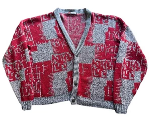 VTG SCANDIA Mens Cardigan Sweater Geometric Acrylic Gray Red Size XL USA - FLAW - Picture 1 of 9