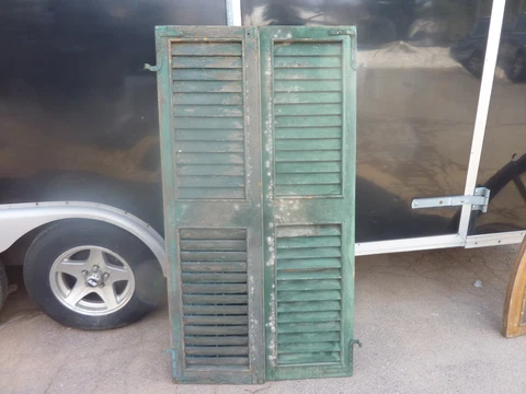 Pair c1880 victorian louvered house window SHUTTERS GREEN - BLUE 60.5" H x 16.5" Cover
