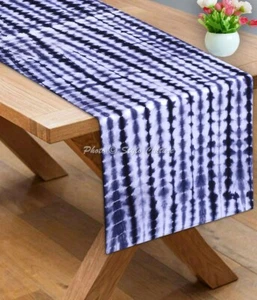 Ethnic Cotton Canvas Table Runner Shibori Blue Striped Long Tie Dye Tablecloth - Picture 1 of 8