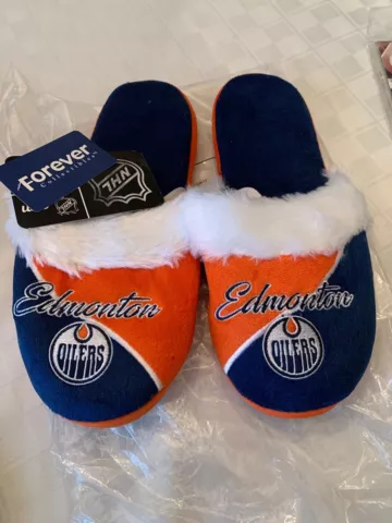 NHL Edmonton Oilers Hockey Womens Size 11-12 XL Slide Fur Trim Slippers Cover