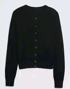 Gap Rib Knit Crewneck Cardigan Button Front Women Sz L Black Long Sleeve ~ New - Picture 1 of 10