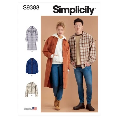 Simplicity 9388 UNISEX SHIRT JACKETS Sewing Pattern Sizes XXS-XXL Skill AVERAGE - Image 1 of 4