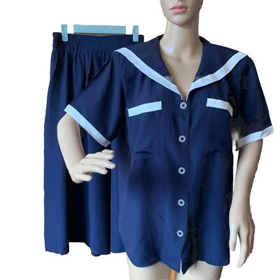 Vintage 80s Adolfo II 2 Piece Navy Blue White Sailor Top Palazzo Pants Size M - Image 1 of 4