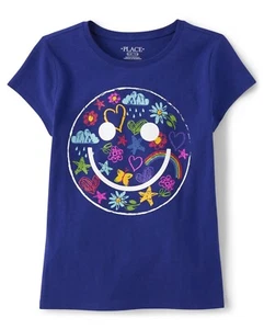 The Children’s Place Girls Icon Happy Face Graphic Tee XXL Electric Violet/Blue - Picture 1 of 3