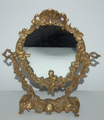 Ancien miroir psyché angelot en bronze 34.3 cm - Photo 1/4