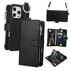 for iPhone 16 Pro Case with Card Holder Crossbody Strap Leather Flip Black - Picture 1 of 7