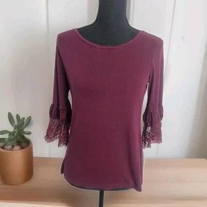 Liz Claiborne Blouse Petite Small Maroon Lace Detail Stretch Whimsigoth *FLAWED* - Picture 1 of 10