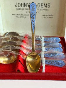 Set cucchiaini da dessert vintage MCM ottone e smalto blu Johny’s Gems Thailandia NOS - Foto 1 di 14