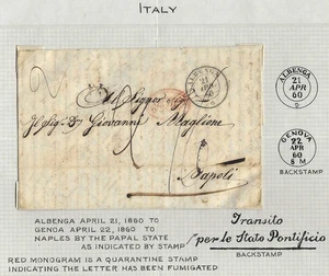 1860 Italien FLS, Albenga an Neapel, Quarantäne Monogramm, PÄPSTSTAATLICHES GÜTESIEGEL! - Bild 1 von 4