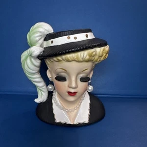 Vintage 1961 Inarco E-191 Lady Head Vase In Black With Blonde Hair & Pearls 4.5" - Picture 1 of 17