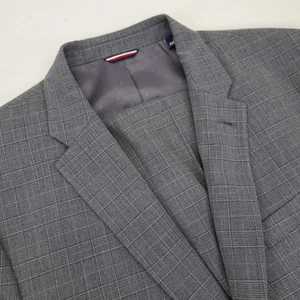 Tommy Hilfiger Gray Plaid Two Piece Suit Set Mens 46R Blazer Pants 36x32 - Picture 1 of 13