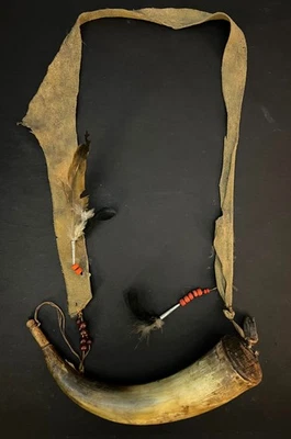 Bandolera de cuerno en polvo emplumado nativo americano antigua rara del siglo XIX Foto 1 de 4