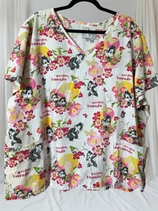 Chip Dale Scrub Top  Womens 3X  White Garden Friends Floral Pockets Butterfly - Picture 1 of 23